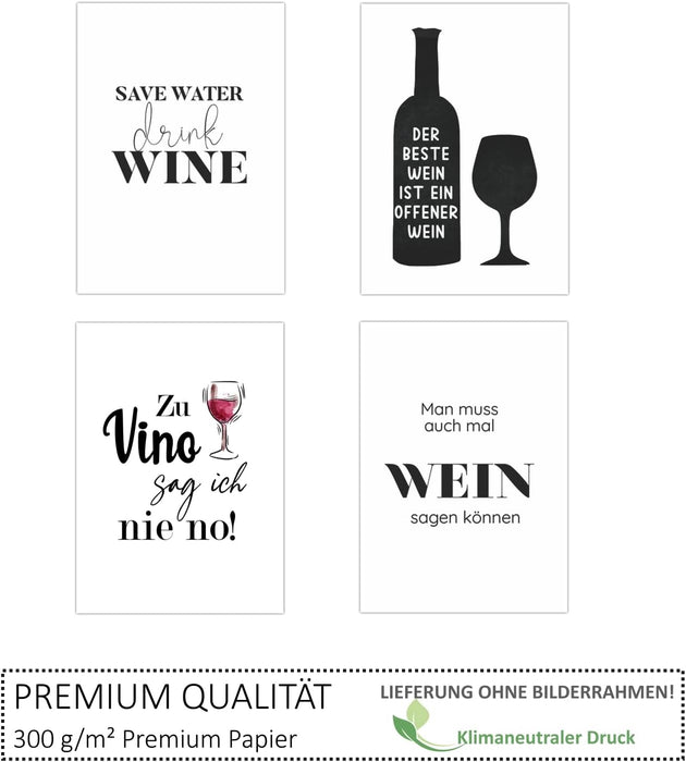 4 Stück Sprüche Poster Zu Vino sag ich nie no Bilder Geschenkidee Plakat Spruch lustiges Wein Geschenk Sprüche Typografie schwarz weiß Wohnzimmer Deko #M11