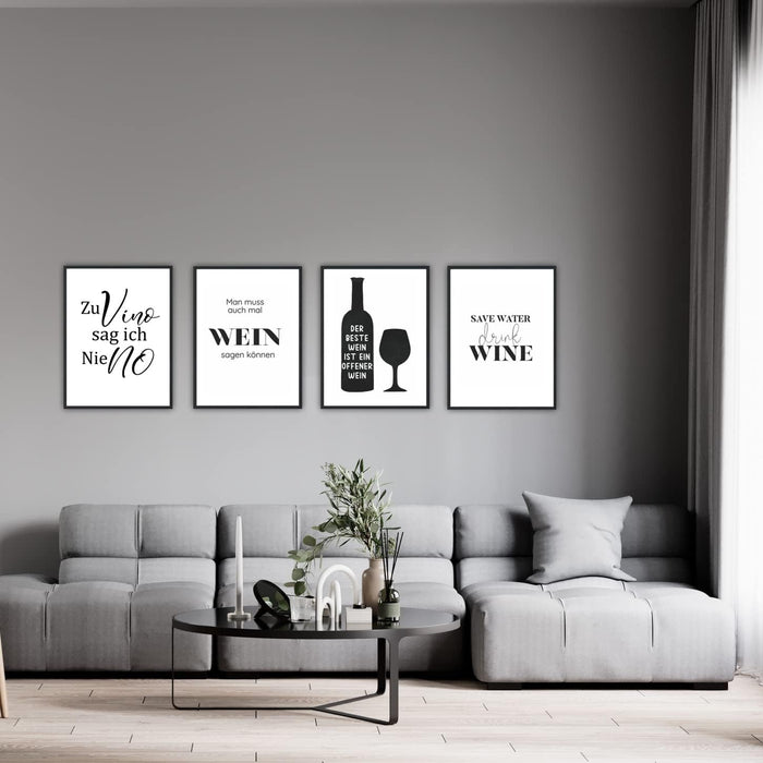 4 Stück Sprüche Poster - Zu Vino sag ich nie no - Perfekte Geschenkidee für Weinliebhaber - Plakat Spruch lustiges Wein Geschenk Wine Sprüche Typografie schwarz weiß Küche Wohnzimmer Deko #M12