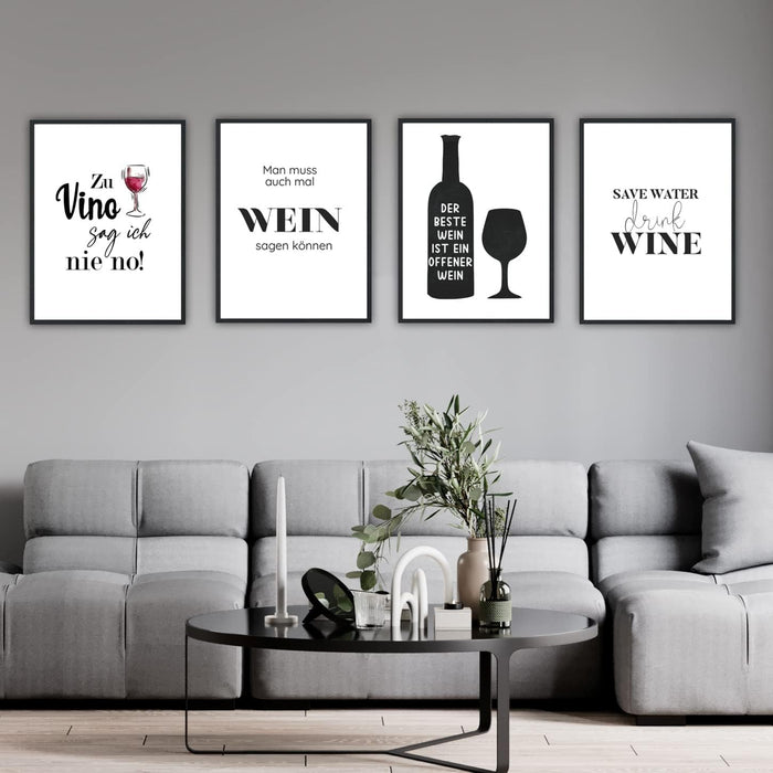 4 Stück Sprüche Poster Zu Vino sag ich nie no Bilder Geschenkidee Plakat Spruch lustiges Wein Geschenk Sprüche Typografie schwarz weiß Wohnzimmer Deko #M11