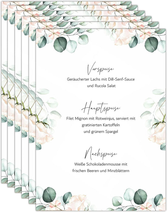 Menu Blanko Menükarten im Boho Design | 12 Stück DIN A5 | Individuell anpassbare Speisekarten und Getränkekarten für die Hochzeit und andere Anlässe | Tischdeko #K04