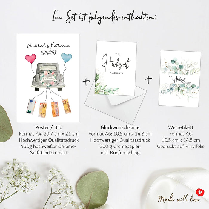 Geldgeschenk Hochzeit Geschenkidee Hochzeit Poster Glückwunschkarte Hochzeit Geldgeschenk | Just Married | Geldgeschenke Geschenk Bild Wedding Money | ohne Rahmen #L03