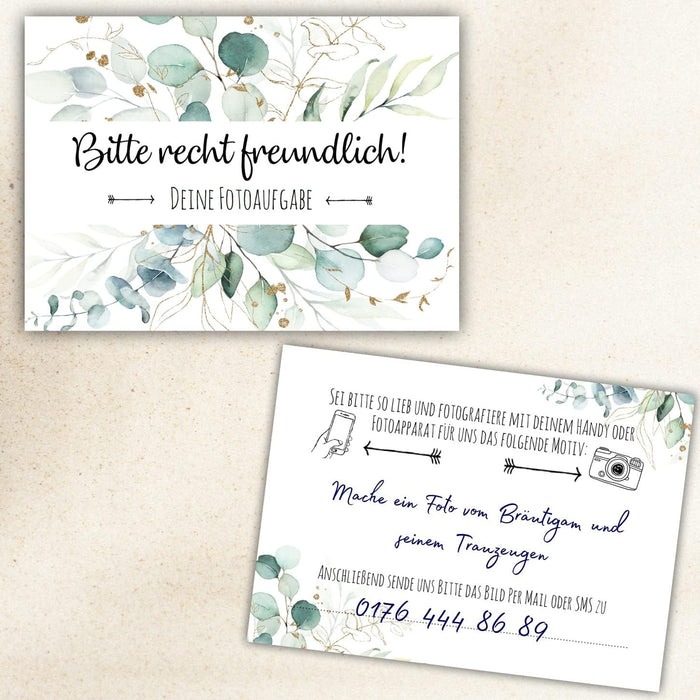 25er Set Fotoaufgabe Eukalyptus Fotospiel Hochzeit fotospiel für gäste hochzeit Geschenkidee Hochzeit Fotoaufgaben Boho #H18