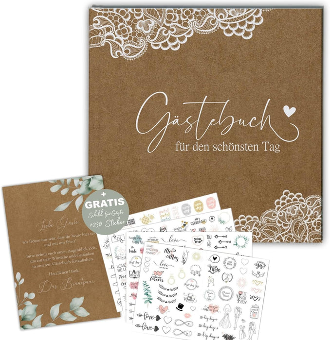 Zauberhaftes Gästebuch für die Hochzeit im Boho Vintage Style mit Fadenheftung inkl. Sticker und zusätzlichem Schild zum motivieren der Gäste #D01