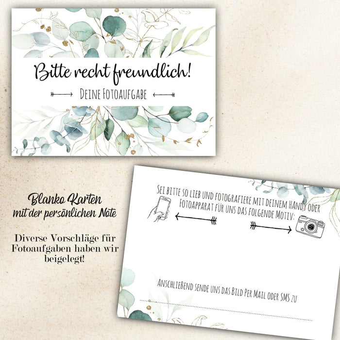 25er Set Fotoaufgabe Eukalyptus Fotospiel Hochzeit fotospiel für gäste hochzeit Geschenkidee Hochzeit Fotoaufgaben Boho #H18