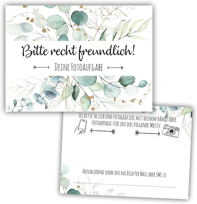 25er Set Fotoaufgabe Eukalyptus Fotospiel Hochzeit fotospiel für gäste hochzeit Geschenkidee Hochzeit Fotoaufgaben Boho #H18