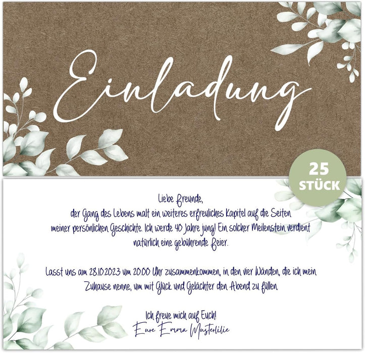 25 Einladungskarten Einladung zur Hochzeit Taufe Einladung Geburtstag 30 40 50 60 70 Kommunion klassisches Design DIN lang ohne Umschläge #B08