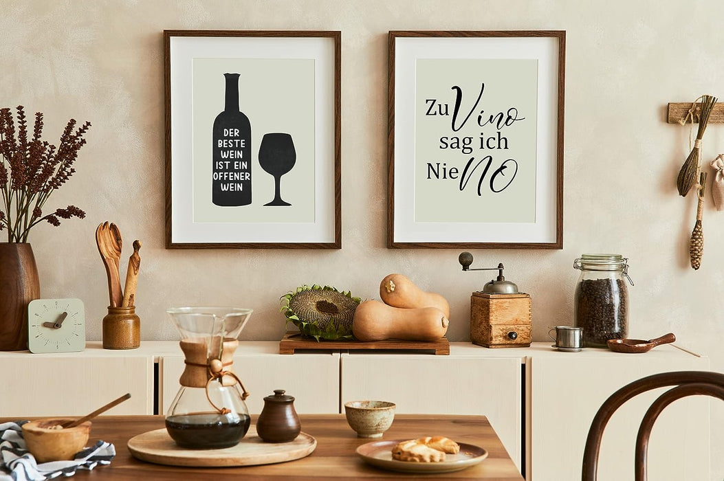 4 Stück Sprüche Poster - Zu Vino sag ich nie no - Perfekte Geschenkidee für Weinliebhaber - Plakat Spruch lustiges Wein Geschenk Wine Sprüche Typografie schwarz weiß Küche Wohnzimmer Deko #M12