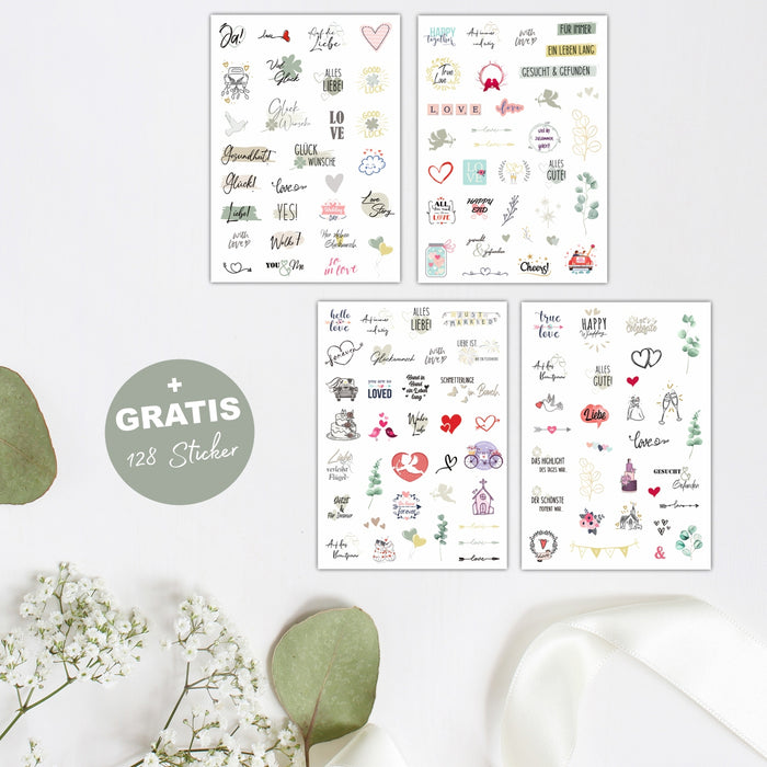 50 Gästekarten für die Hochzeit inkl. 128 Sticker und Wendeschild