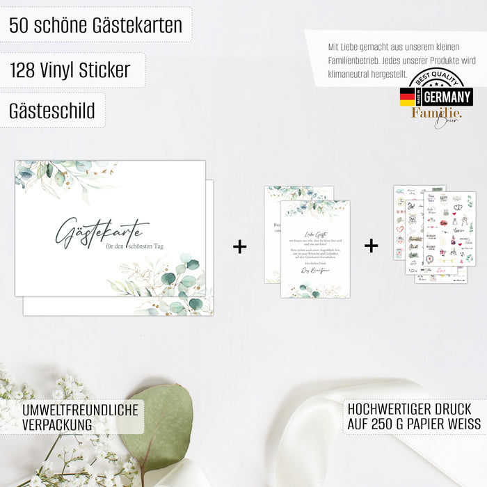 50 Gästekarten für die Hochzeit inkl. 128 Sticker sowie Wendeschild