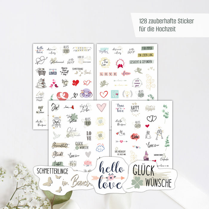 50 Gästekarten für die Hochzeit inkl. 128 Sticker sowie Wendeschild