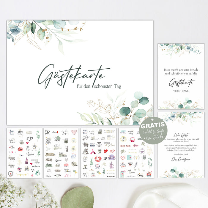 50 Gästekarten für die Hochzeit inkl. 128 Sticker sowie Wendeschild