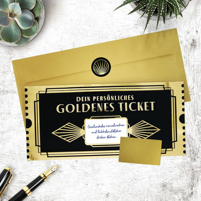 Gutschein zum selber ausfüllen mit Rubbelaufkleber Goldenes Ticket