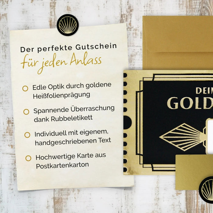Gutschein zum selber ausfüllen mit Rubbelaufkleber Goldenes Ticket