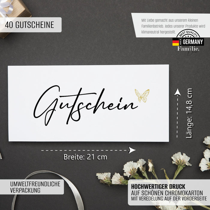 40 weiße Blanko Gutscheine zum selbst ausfüllen für die Kosmetik Friseur Yoga
