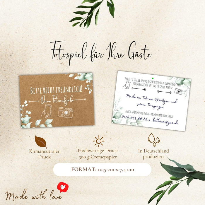 25er Set Fotoaufgabe Eukalyptus Fotospiel Hochzeit fotospiel für gäste hochzeit Geschenkidee Hochzeit Fotoaufgaben Boho #H19