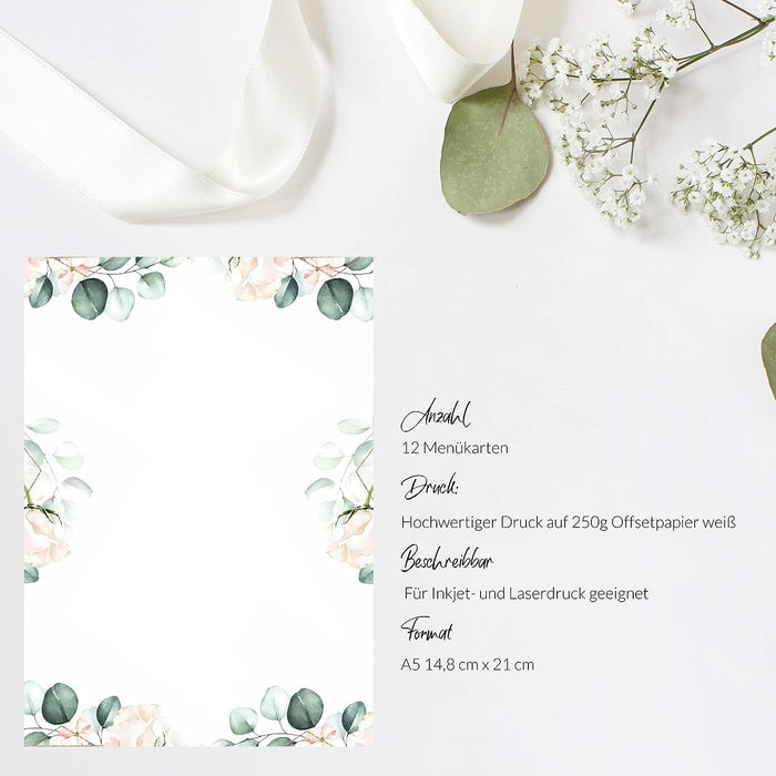 Menu Blanko Menükarten im Boho Design | 12 Stück DIN A5 | Individuell anpassbare Speisekarten und Getränkekarten für die Hochzeit und andere Anlässe | Tischdeko #K04