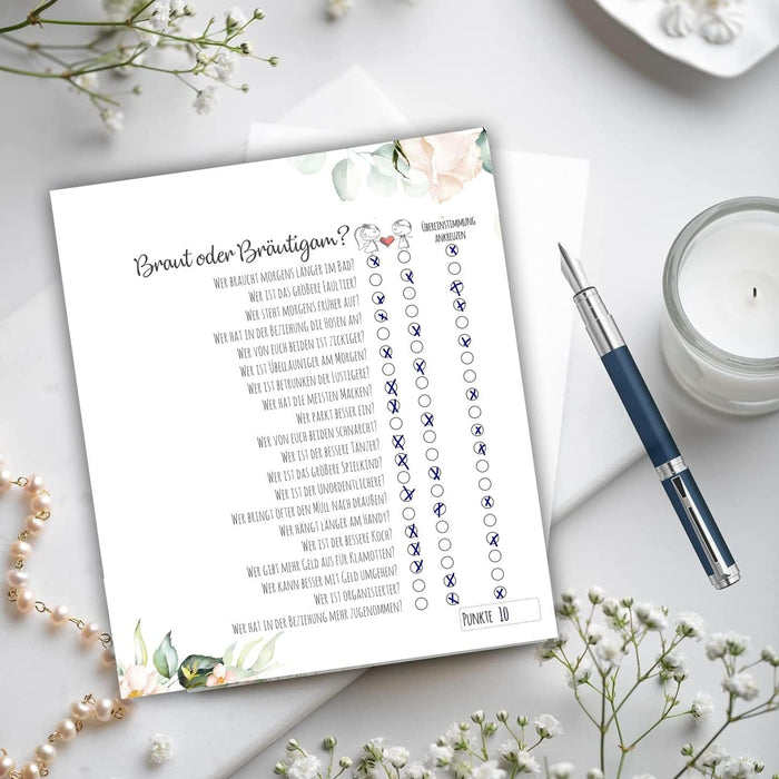 25 x Braut oder Bräutigam auf 300g Cremepapier | Hochzeitsquiz Hochzeitsspiel