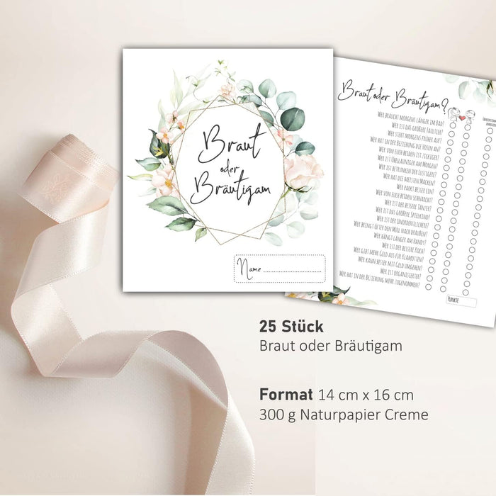 25 x Braut oder Bräutigam auf 300g Cremepapier | Hochzeitsquiz Hochzeitsspiel