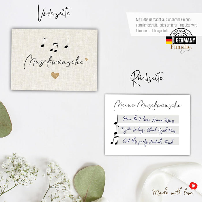 25 Musikwunschkarten Hochzeit | Musikwünsche Partykarten | 300g Crempapier