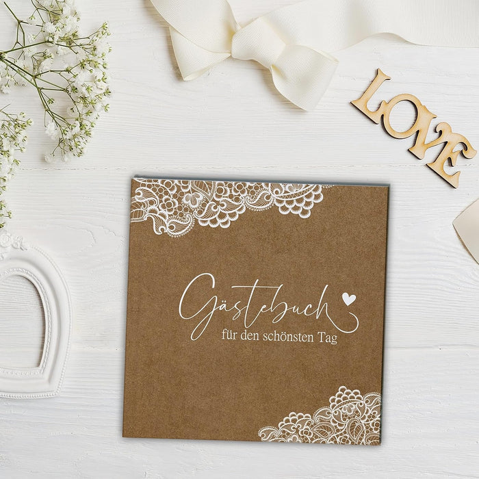 Zauberhaftes Gästebuch für die Hochzeit im Boho Vintage Style mit Fadenheftung inkl. Sticker und zusätzlichem Schild zum motivieren der Gäste #D01