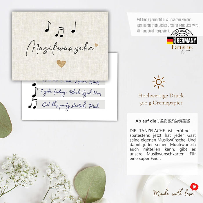 25 Musikwunschkarten Hochzeit | Musikwünsche Partykarten | 300g Crempapier