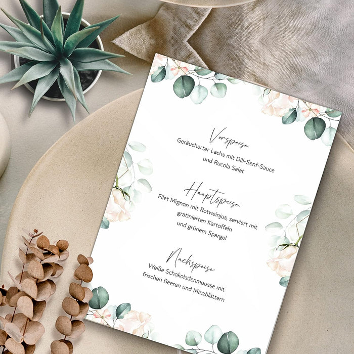 Menu Blanko Menükarten im Boho Design | 12 Stück DIN A5 | Individuell anpassbare Speisekarten und Getränkekarten für die Hochzeit und andere Anlässe | Tischdeko #K04