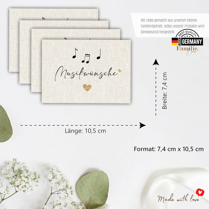 25 Musikwunschkarten Hochzeit | Musikwünsche Partykarten | 300g Crempapier