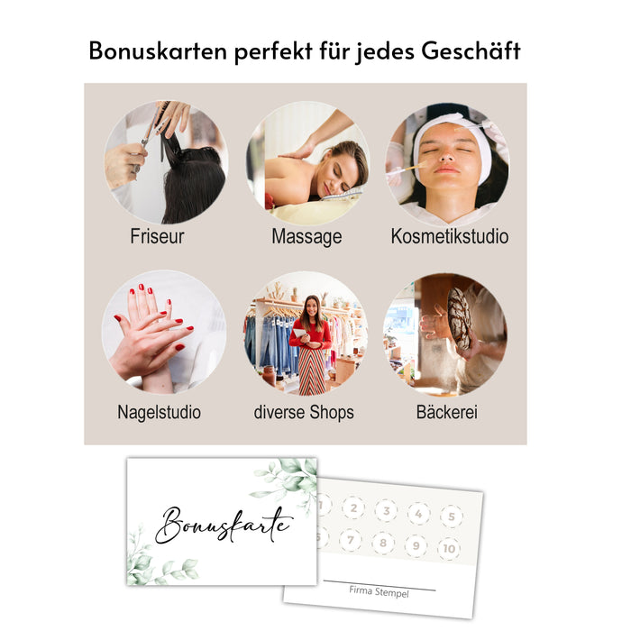 50 Bonuskarten | Stempelkarten für Nagelstudio | Friseur Massage Fußpflege Treuekarten