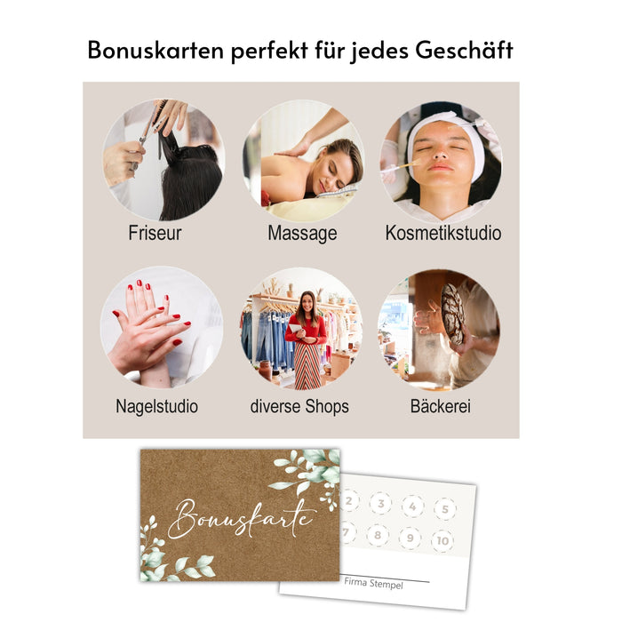 50 Bonuskarten | Stempelkarten für Nagelstudio | Friseur Massage Fußpflege Treuekarten